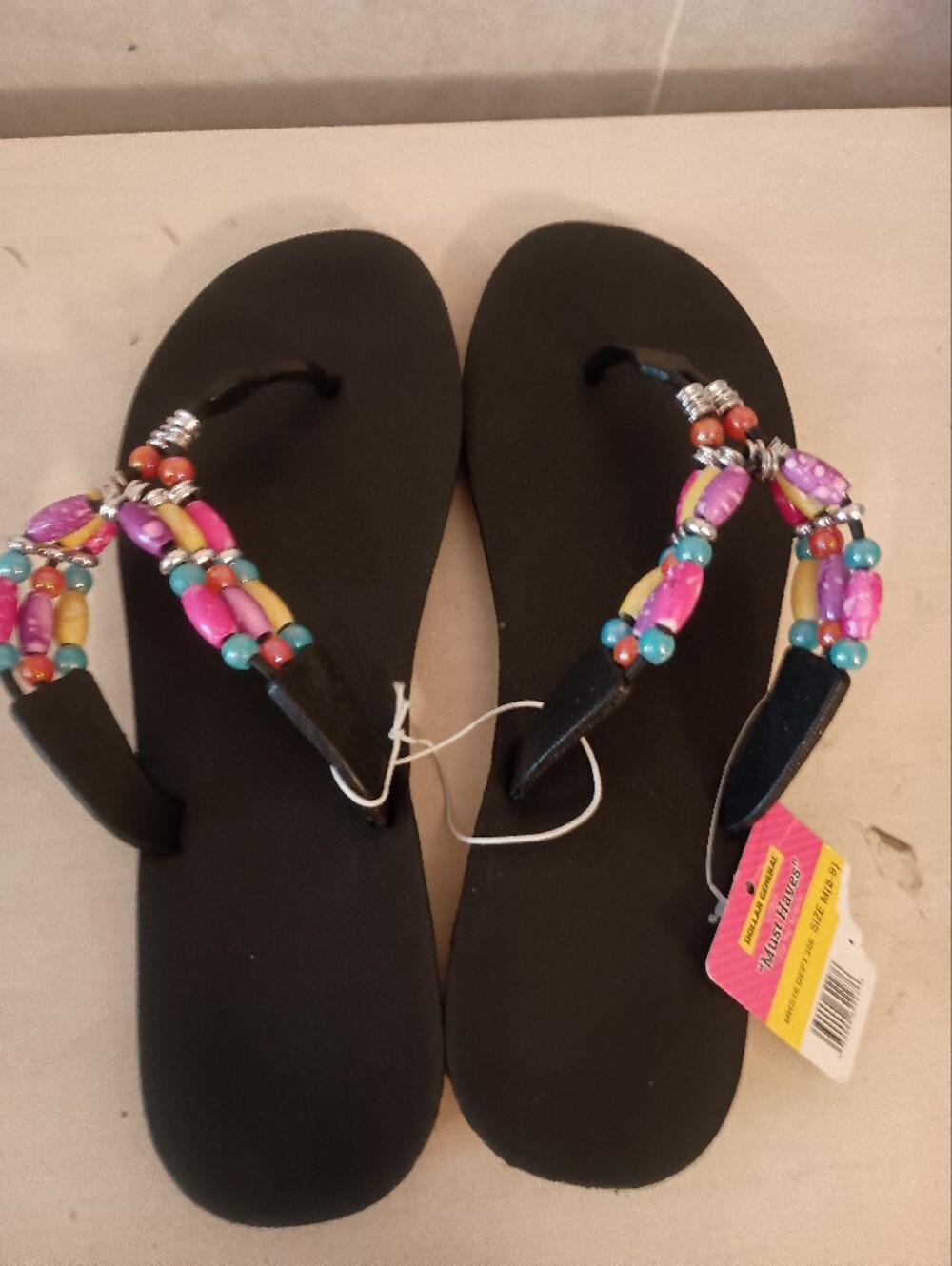 New! Black Beaded Women's Flip Flops with Multicolor Accents
